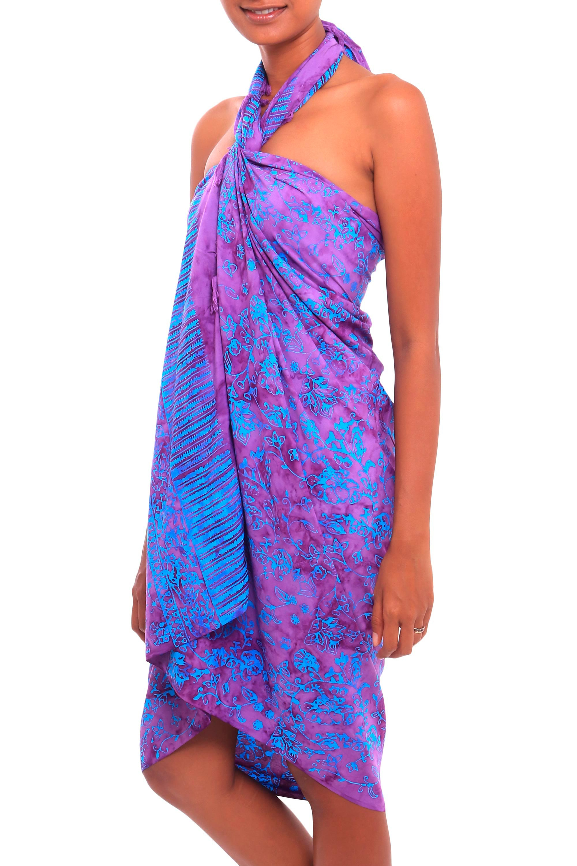 Floral Batik Rayon Sarong in Wisteria from Bali - Mystifying Forest ...
