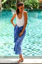 Batik rayon sarong, 'Heavenly Palm' - Leaf Motif Batik Rayon Sarong in Sky Blue from Bali