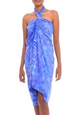 Batik rayon sarong, 'Heavenly Palm' - Leaf Motif Batik Rayon Sarong in Sky Blue from Bali