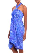 Batik rayon sarong, 'Heavenly Palm' - Leaf Motif Batik Rayon Sarong in Sky Blue from Bali