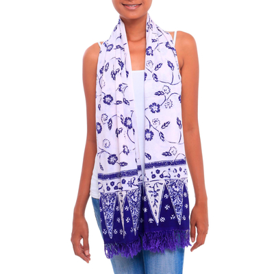 Batik rayon shawl, 'Indigo Sekar' - Floral Batik Rayon Shawl in Indigo and Pale Grey from Java