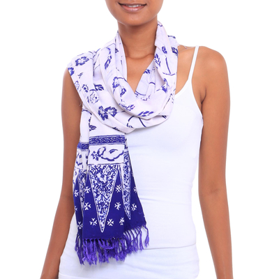 Batik rayon shawl, 'Indigo Sekar' - Floral Batik Rayon Shawl in Indigo and Pale Grey from Java