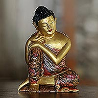 Wood sculpture, 'Buddha Garden' - Gold-Tone Floral Wood Buddha Sculpture from Bali