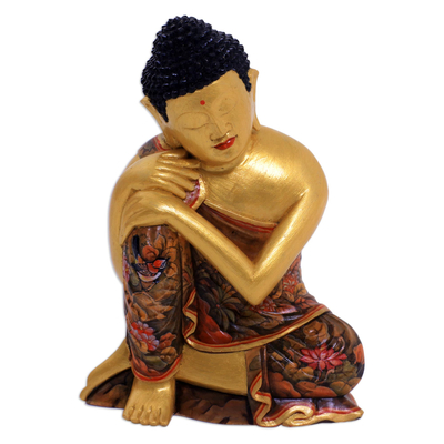 Gold-Tone Floral Wood Buddha Sculpture from Bali