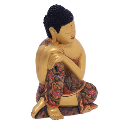 Holzskulptur - Goldfarbene, florale Buddha-Skulptur aus Holz aus Bali