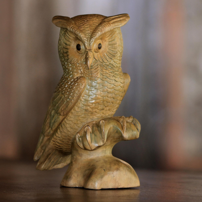 Wood sculpture, 'Owl on a Ledge' - Hibiscus Wood Owl Sculpture from Bali