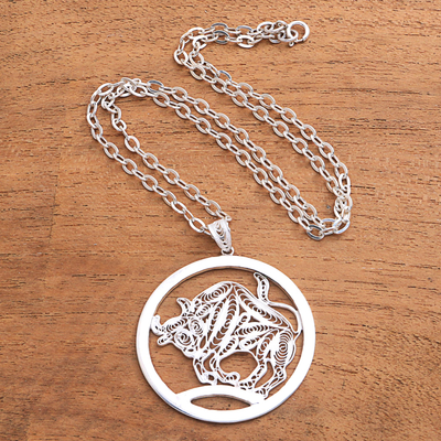 Sterling silver filigree pendant necklace, 'Elegant Taurus' - Sterling Silver Filigree Taurus Necklace from Java