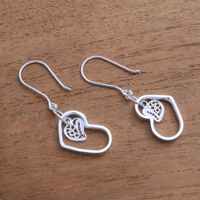 Sterling silver filigree dangle earrings, 'In Your Heart' - Sterling Silver Filigree Heart Earrings from Java