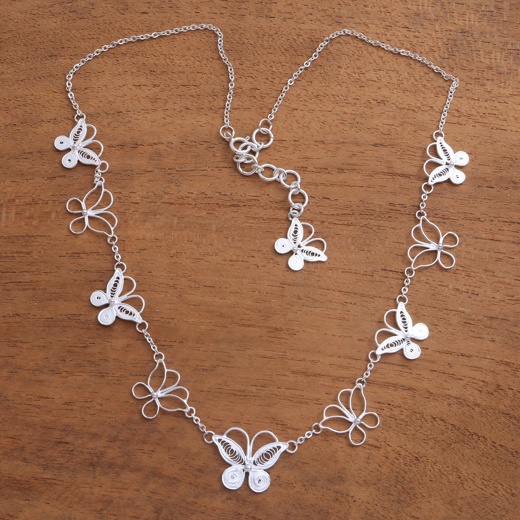 Sterling Silver Womens 1mm Box Chain Small Filigree Butterfly Pendant Necklace