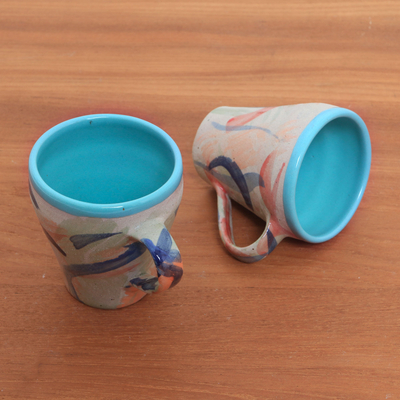 Keramiktassen, 'Blue Eden' (Paar) - Handbemalte Keramiktassen in Blau aus Java (Paar)