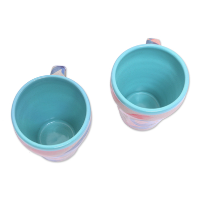 Ceramic cups, 'Blue Eden' (pair) - Hand-Painted Ceramic Cups in Blue from Java (Pair)