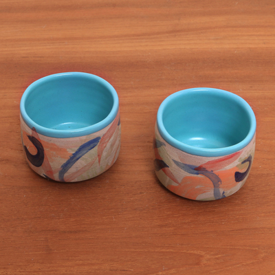 Ceramic teacups, 'Blue Eden' (pair) - Hand-Painted Ceramic Teacups from Java (Pair)