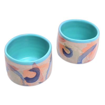 Keramische Teetassen, 'Blue Eden' (Paar) - Handbemalte Keramik-Teetassen aus Java (Paar)