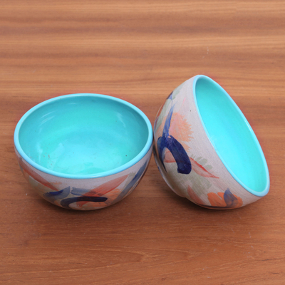 Keramische Schalen, 'Blue Eden' (Paar) - Handgemalte Keramikschalen in Blau aus Java (Paar)