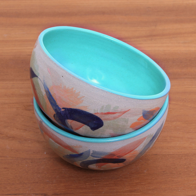Keramische Schalen, 'Blue Eden' (Paar) - Handgemalte Keramikschalen in Blau aus Java (Paar)