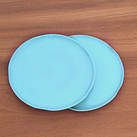 Ceramic plates, 'Blue Eden' (pair) - Ceramic Plates in Blue from Java (Pair)