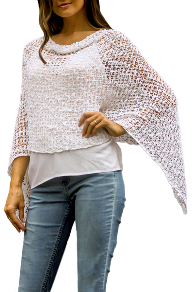 Lightweight Hand Crocheted Poncho in White from Bali