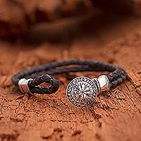 Men's sterling silver and leather bracelet, 'Runic Compass'