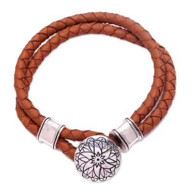 Sterling silver accent leather braided bracelet, 'Lotus' - Leather Accent Sterling Silver Bracelet with Lotus Pendant