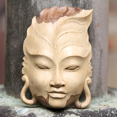 Wood mask, 'Forest Gaze' - Hand Carved Leaf Design Balinese Hibiscus Wood Mask