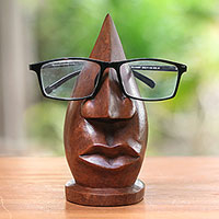 Wood eyeglasses stand, 'Prominent Nose in Light Brown' - Wood Eyeglasses Stand in Light Brown from Bali