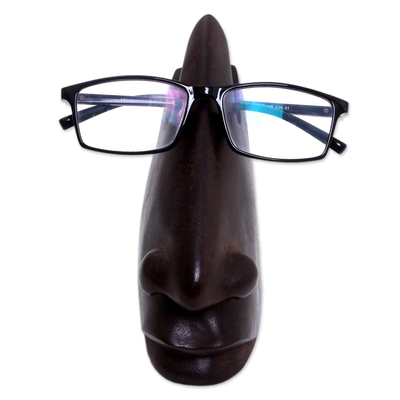 Wood eyeglasses stand, 'Prominent Nose in Dark Brown' - Wood Eyeglasses Stand in Dark Brown from Bali