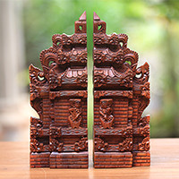 Wood bookends, 'Gapura Gaze' (12 inch) - Hand-Carved Cultural Suar Wood Bookends from Bali (12 in.)