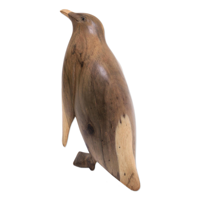 Wood sculpture, 'Curious Penguin' - Hibiscus Wood Penguin Sculpture from Bali