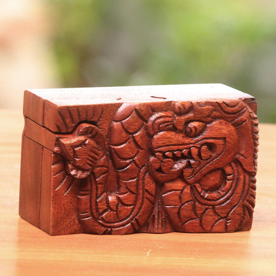 Wood puzzle box, 'Basuki Secret' - Hand-Carved Suar Wood Basuki Dragon Puzzle Box