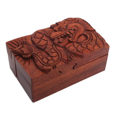 Wood puzzle box, 'Basuki Secret' - Hand-Carved Suar Wood Basuki Dragon Puzzle Box