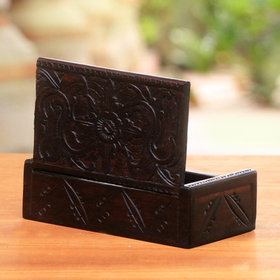 Wood decorative box, 'Secret Lotus' - Suar Wood Handcrafted Decorative Box with Lotus Carving