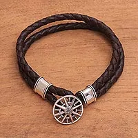 Pulsera de plata y cuero - Pulsera de Cordón Trenzado de Cuero con Brújula de Plata de Ley