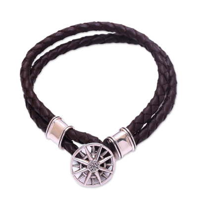 Sterling silver and leather bracelet, 'True North' - Leather Braided Cord Bracelet with a Sterling Silver Compass