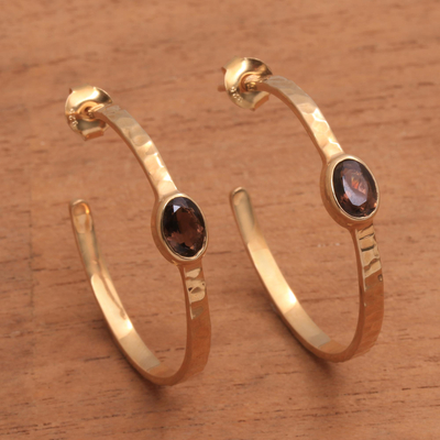Gold plated smoky quartz half-hoop earrings, 'Paradox' - 18k Gold Plated Quartz Hammered Half-Hoop Earrings