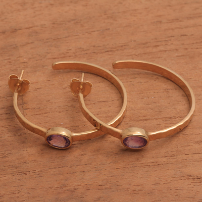 Gold plated amethyst half-hoop earrings, 'Paradox' - 18k Gold Plated Amethyst Hammered Half-Hoop Earrings