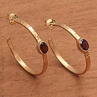 Gold plated garnet half-hoop earrings, 'Paradox' - 18k Gold Plated Garnet Hammered Half-Hoop Earrings