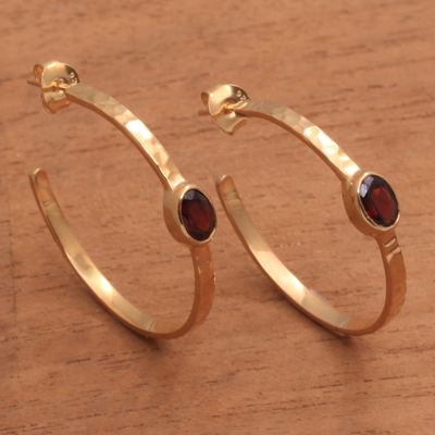 Gold plated garnet half-hoop earrings, 'Paradox' - 18k Gold Plated Garnet Hammered Half-Hoop Earrings