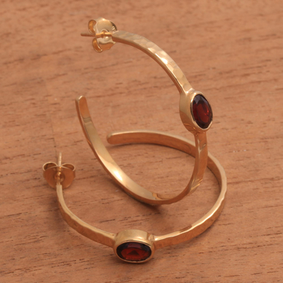 Gold plated garnet half-hoop earrings, 'Paradox' - 18k Gold Plated Garnet Hammered Half-Hoop Earrings