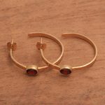 Gold plated garnet half-hoop earrings, 'Paradox' - 18k Gold Plated Garnet Hammered Half-Hoop Earrings