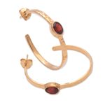 Gold plated garnet half-hoop earrings, 'Paradox' - 18k Gold Plated Garnet Hammered Half-Hoop Earrings