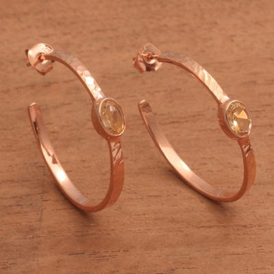 Rose gold plated citrine half-hoop earrings, 'Paradox' - Rose Gold Plated and Yellow Citrine Half-Hoop Earrings