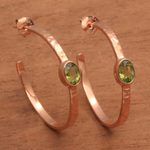 Rose gold plated peridot half-hoop earrings, 'Paradox' - Hammered Rose Gold Plated and Peridot Half-Hoop Earrings