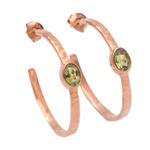 Rose gold plated peridot half-hoop earrings, 'Paradox' - Hammered Rose Gold Plated and Peridot Half-Hoop Earrings