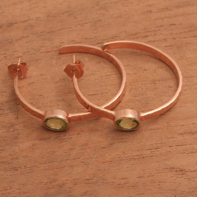 Rose gold plated peridot half-hoop earrings, 'Paradox' - Hammered Rose Gold Plated and Peridot Half-Hoop Earrings