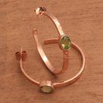 Rose gold plated peridot half-hoop earrings, 'Paradox' - Hammered Rose Gold Plated and Peridot Half-Hoop Earrings