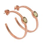 Rose gold plated peridot half-hoop earrings, 'Paradox' - Hammered Rose Gold Plated and Peridot Half-Hoop Earrings