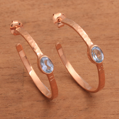 Rose gold plated blue topaz half hoop earrings, 'Paradox' - Rose Gold Plated Blue Topaz Hammered Half Hoop Earrings