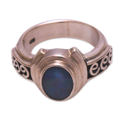 Opal doublet cocktail ring, 'Opal Sky' - Opal Doublet Sterling Silver with Swirl Motifs Ring