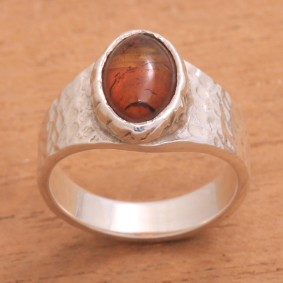 Amber cocktail ring, 'Fascinating Eye' - Eye-Shaped Amber Cocktail Ring from Bali
