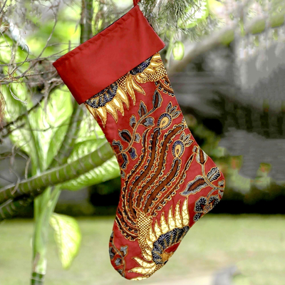 Batik cotton stocking, 'Batik Holiday' - Floral Batik Cotton Stocking in Chili from Bali